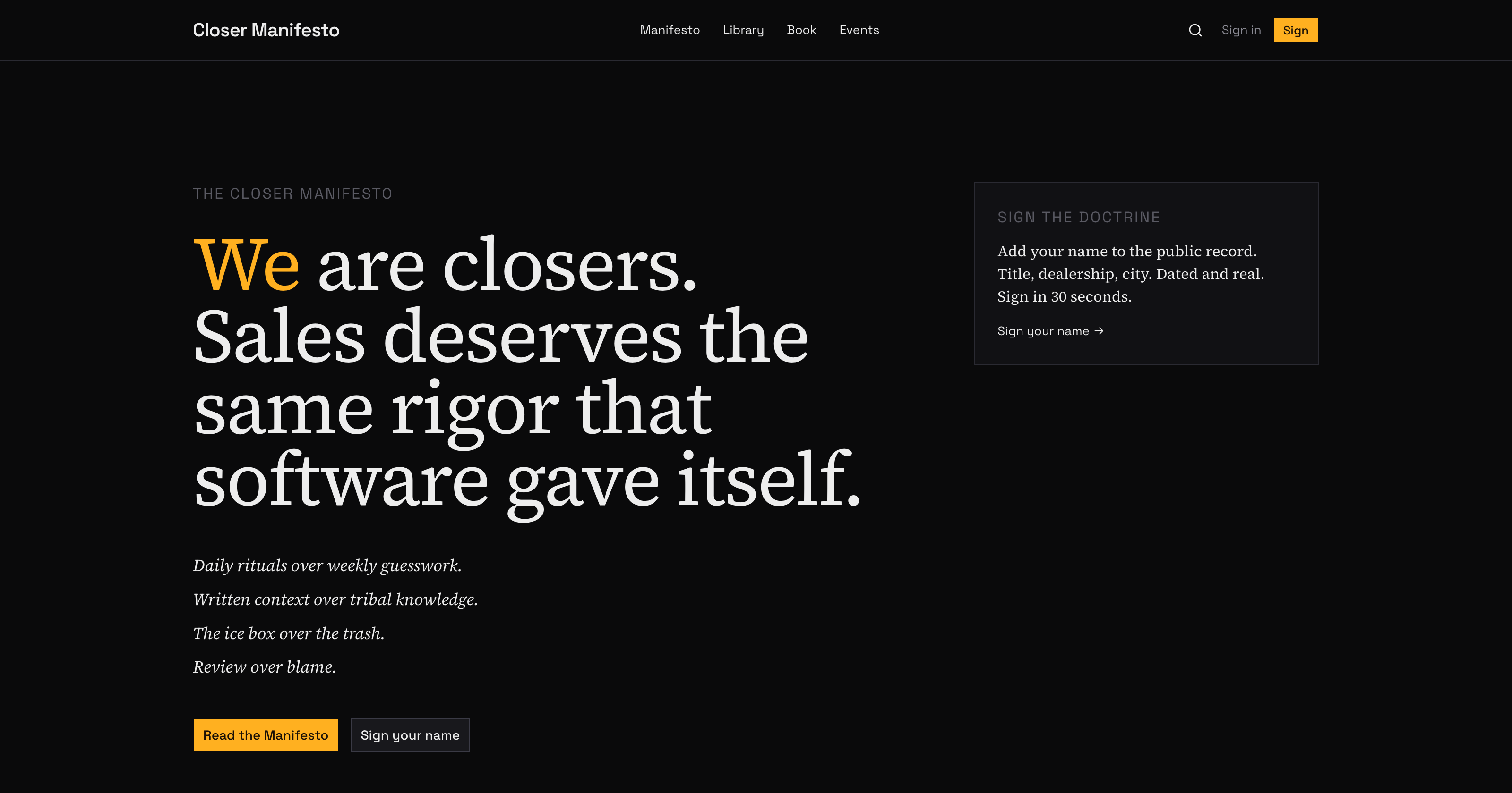 The Closer Manifesto — sales doctrine and rituals for the floor